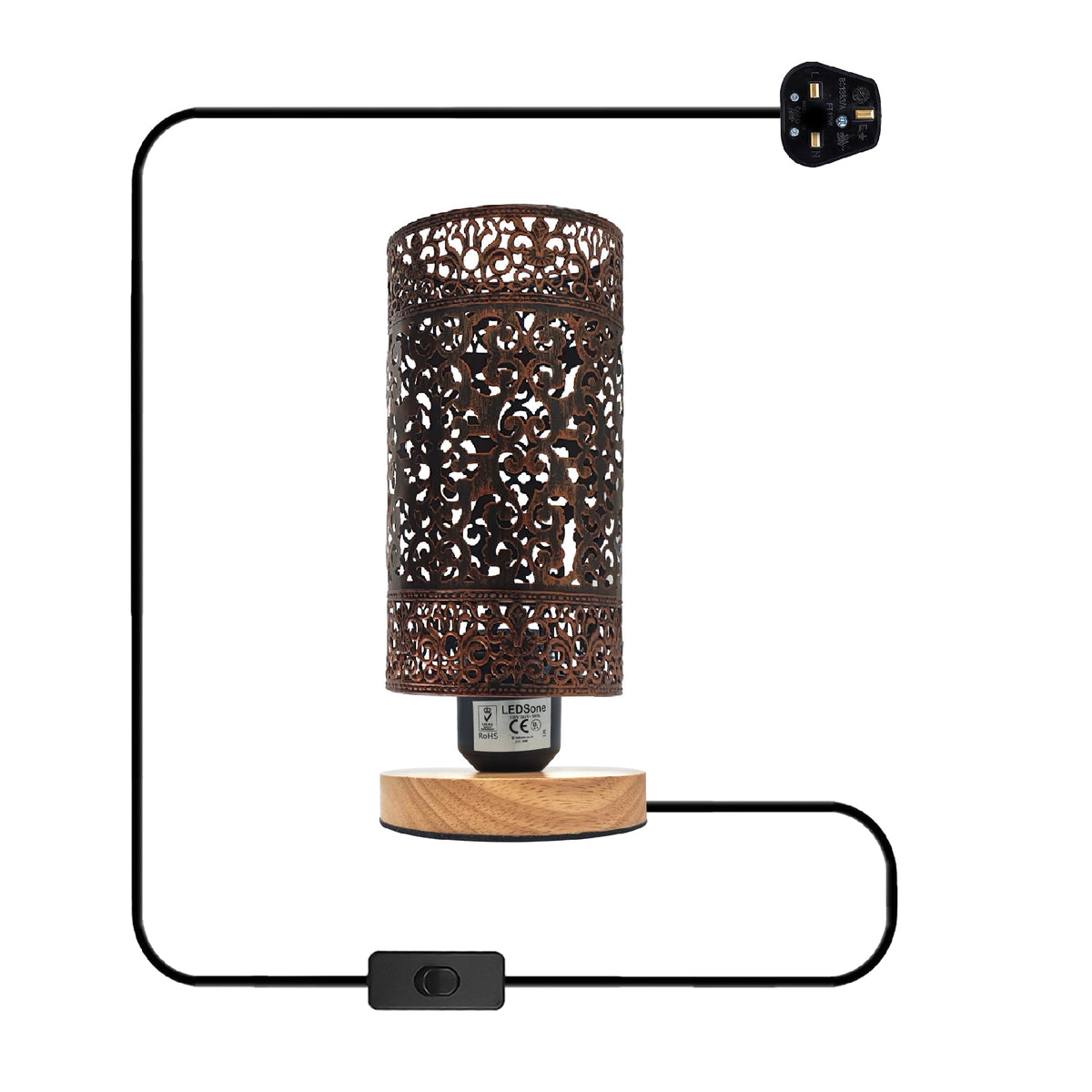 Cage Bedside Table Lamp with Wooden Stand E27 - Brushed Copper, Without Bulb