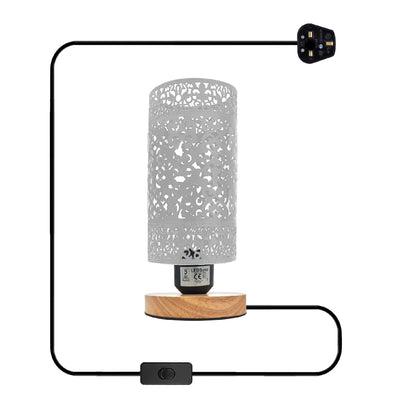 Cage Bedside Table Lamp with Wooden Stand E27 - White, Without Bulb