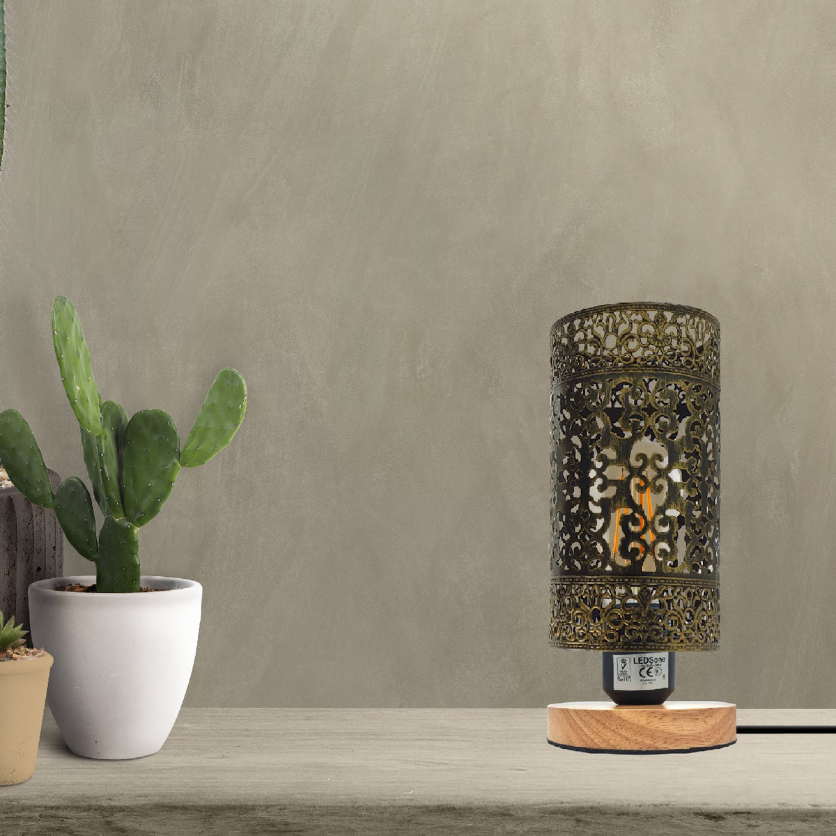 Cage Bedside Table Lamp with Wooden Stand E27