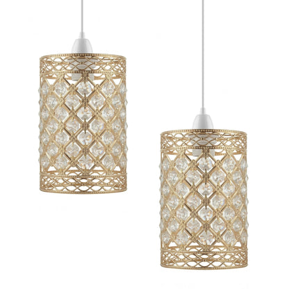 Gold Crystal Cage Lamp Shade – 10, 12 or 14 cm, Easy Fit - French Gold, 12 cm with Reducer Ring, Pack of 2