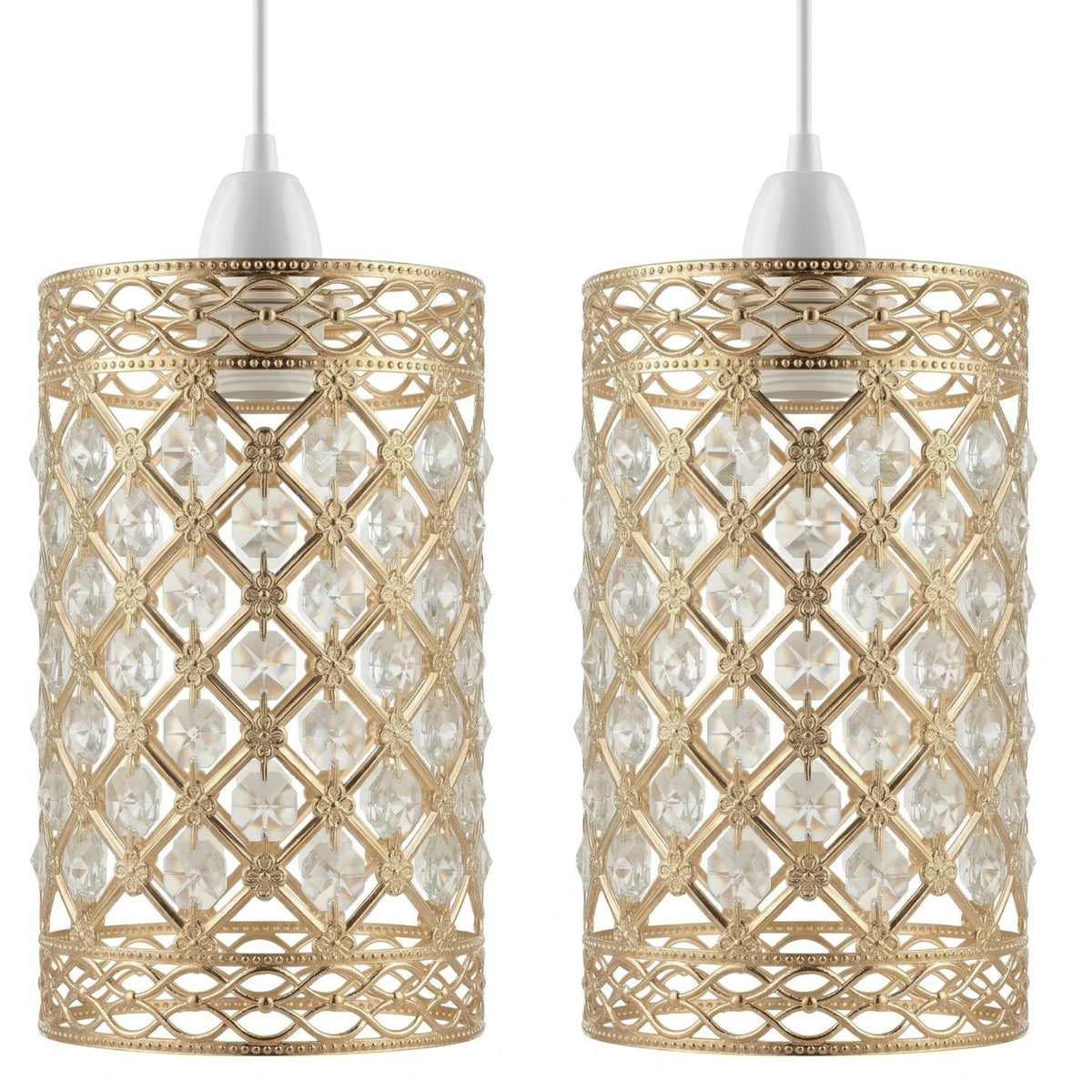 Gold Crystal Cage Lamp Shade – 10, 12 or 14 cm, Easy Fit - French Gold, 10 cm with Reducer Ring, Pack of 2