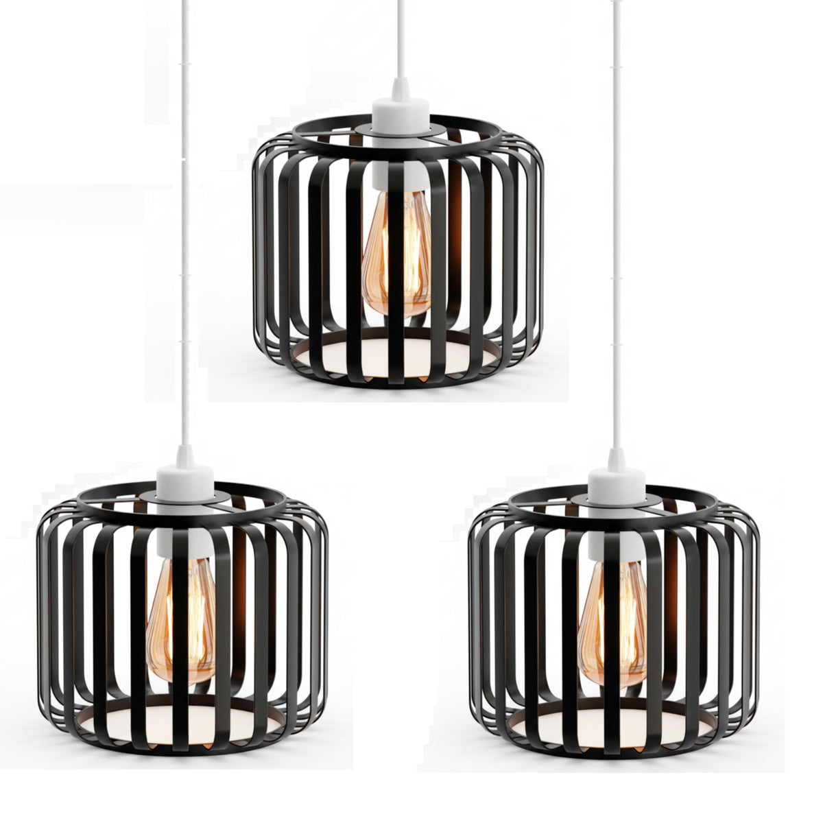 Bar Cage Drum Lamp Shade 18 cm – Black or Rose Gold, Easy Fit - Black, 18 cm with Reducer Ring, Pack of 3