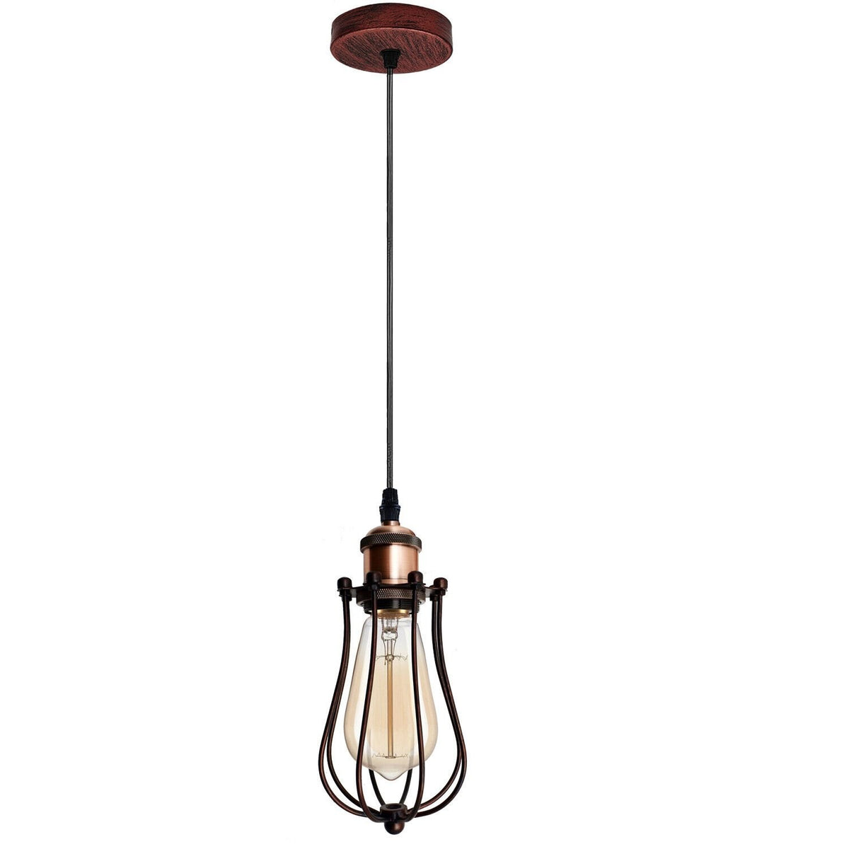 Industrial Cage Pendant Light – E27, Many Cage Styles & Finishes - Copper, Round Cage Rustic Red, T130 LED Bulb 4W