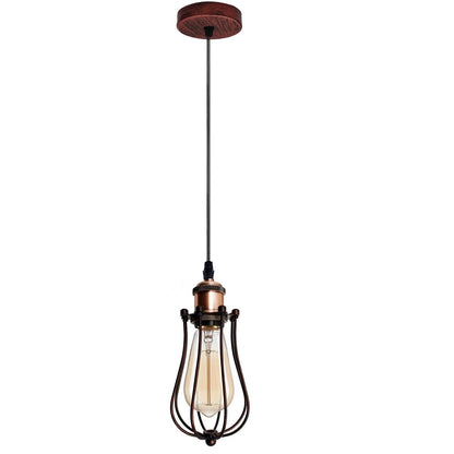 Industrial Cage Pendant Light – E27, Many Cage Styles & Finishes - Copper, Round Cage Rustic Red, T130 LED Bulb 4W