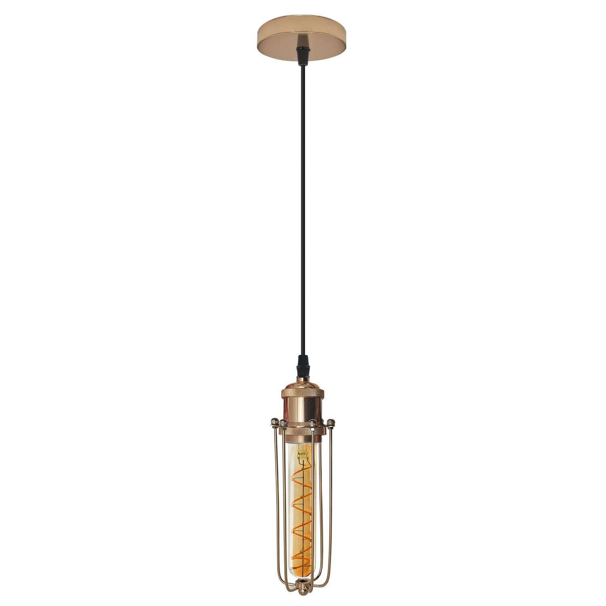 Industrial Cage Pendant Light – E27, Many Cage Styles & Finishes - French Gold, Long Cage French Gold, ST185 LED Bulb 4W