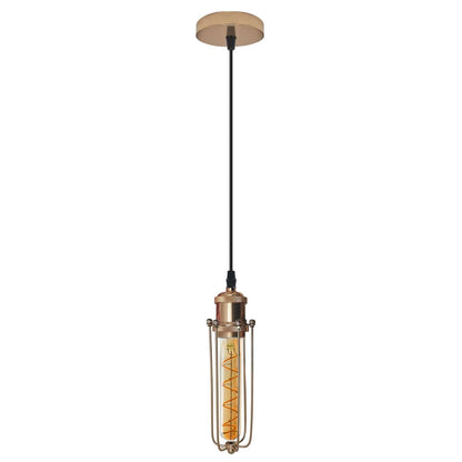 Industrial Cage Pendant Light – E27, Many Cage Styles & Finishes - French Gold, Long Cage French Gold, ST185 LED Bulb 4W