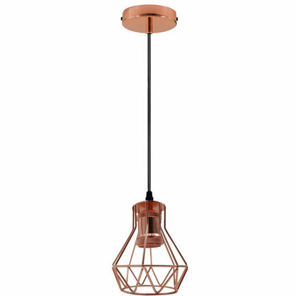 Industrial Cage Pendant Light – E27, Many Cage Styles & Finishes - Rose Gold, Diamond Cage Rose Gold Cord Grip, Without Bulb