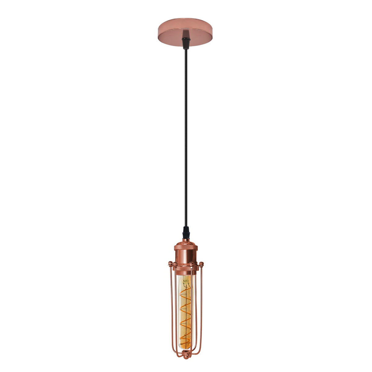 Industrial Cage Pendant Light – E27, Many Cage Styles & Finishes - Rose Gold, Long Cage Rose Gold, T185 LED Bulb 4W
