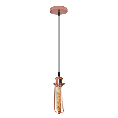 Industrial Cage Pendant Light – E27, Many Cage Styles & Finishes - Rose Gold, Long Cage Rose Gold, T185 LED Bulb 4W
