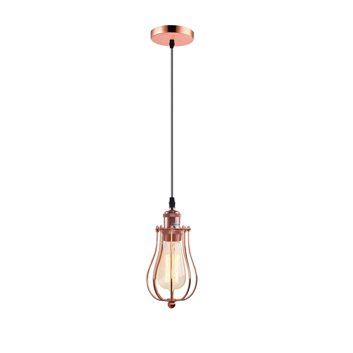 Industrial Cage Pendant Light – E27, Many Cage Styles & Finishes - Rose Gold, Round Cage Rose Gold, T130 LED Bulb 4W