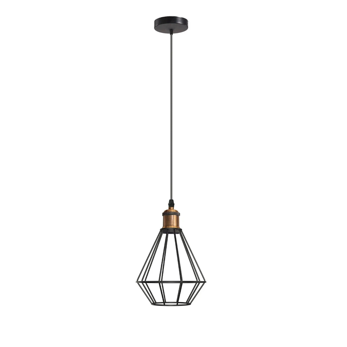 Industrial Cage Pendant Light – E27, Many Cage Styles & Finishes - Yellow Brass, Cage Black, Black Shade LN, Without Bulb