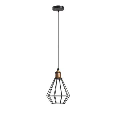 Industrial Cage Pendant Light – E27, Many Cage Styles & Finishes - Yellow Brass, Cage Black, Black Shade LN, Without Bulb