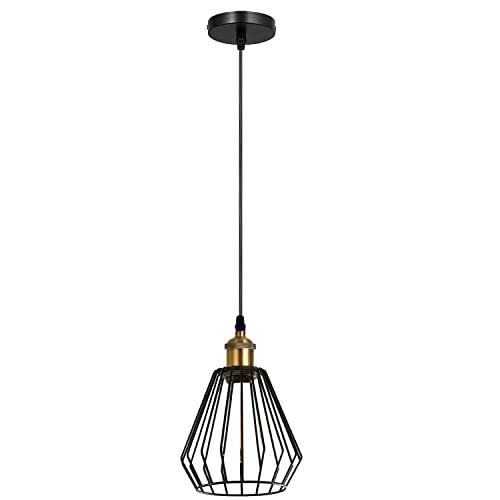 Industrial Cage Pendant Light – E27, Many Cage Styles & Finishes - Yellow Brass, Diamond Cage Black, Without Bulb