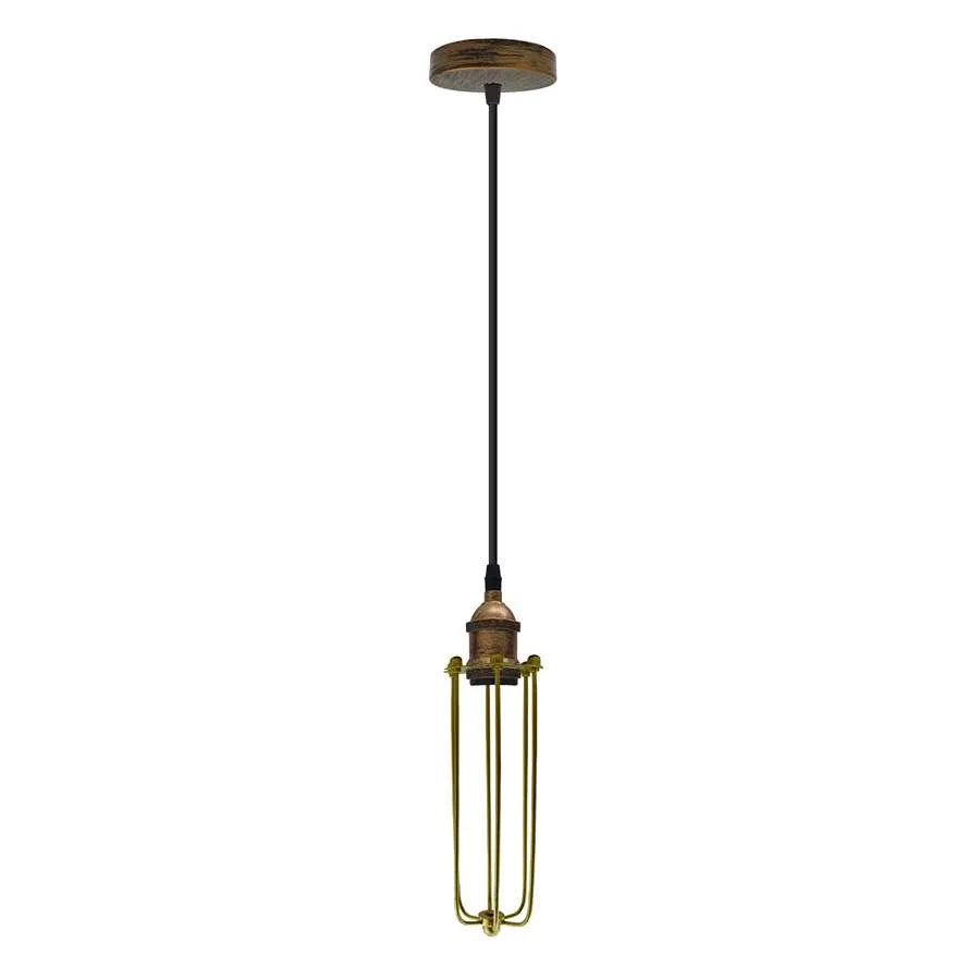 Industrial Cage Pendant Light – E27, Many Cage Styles & Finishes - Yellow Brass, Long Cage Black, ST185 LED Bulb 4W