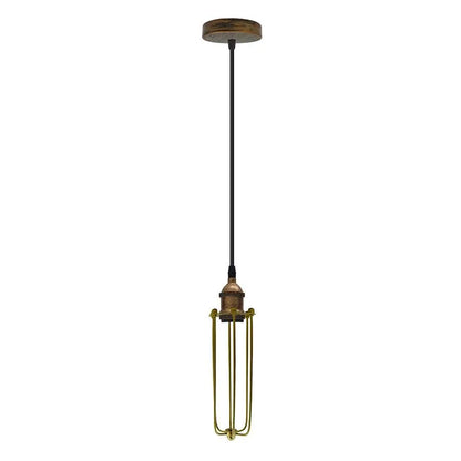 Industrial Cage Pendant Light – E27, Many Cage Styles & Finishes - Yellow Brass, Long Cage Black, ST185 LED Bulb 4W