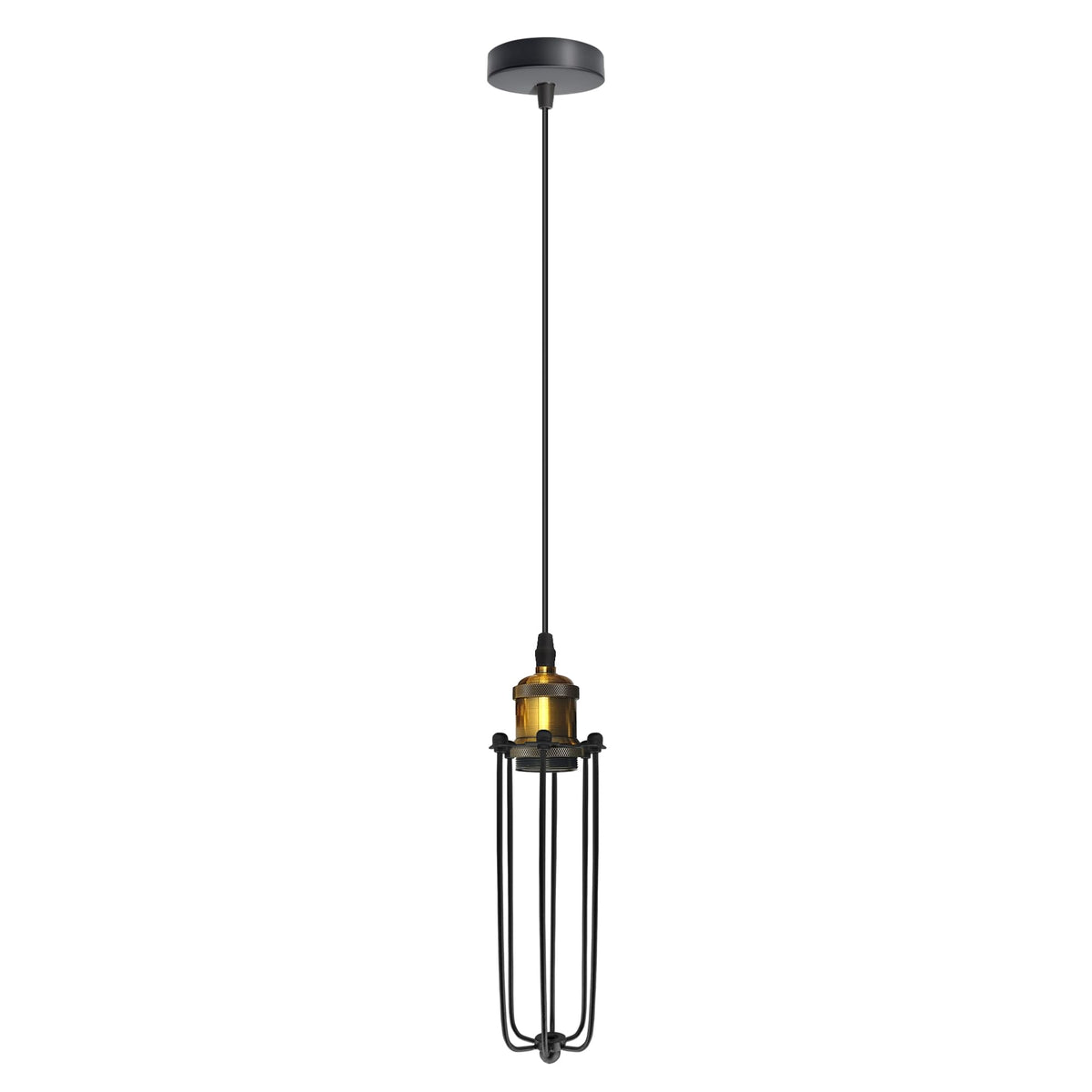 Industrial Cage Pendant Light – E27, Many Cage Styles & Finishes - Yellow Brass, Long Cage Black, Without Bulb