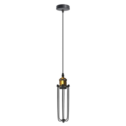 Industrial Cage Pendant Light – E27, Many Cage Styles & Finishes - Yellow Brass, Long Cage Black, Without Bulb