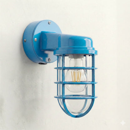 Nautical Cage Wall Light – 7 Colours, E27, Conduit Ready - Blue, No Shade, T45 LED Bulb 4W