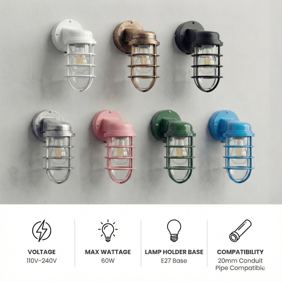 Nautical Cage Wall Light – 7 Colours, E27, Conduit Ready