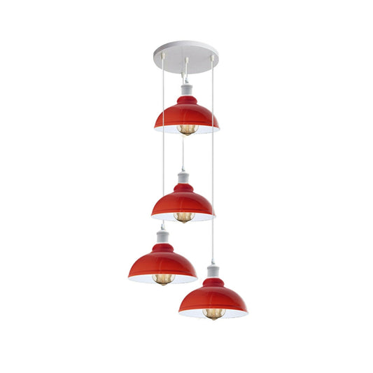4-Light Red Dome Pendant Cluster – White Round Plate, E27