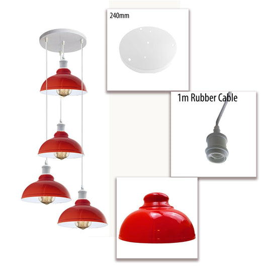 4-Light Red Dome Pendant Cluster – White Round Plate, E27 - photo 2