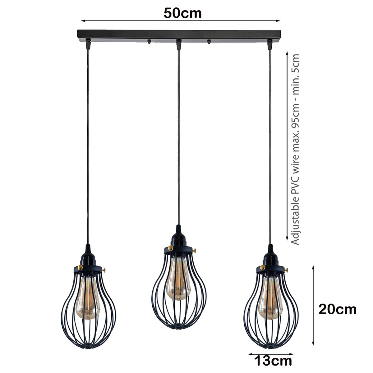 3-Light Pendant Cluster – Pear Cage, Barrel Cage or Dome, Black - photo 7
