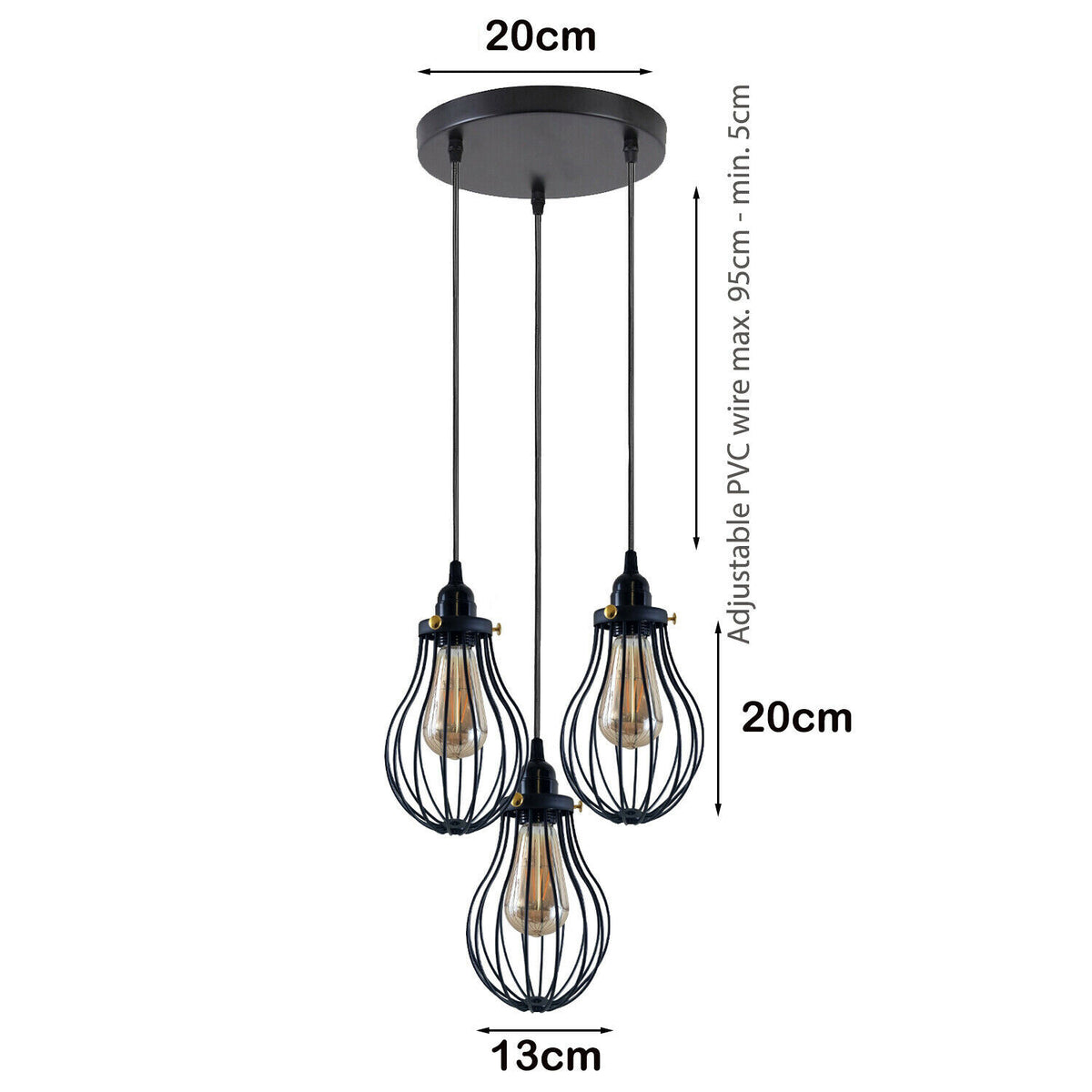 3-Light Pendant Cluster – Pear Cage, Barrel Cage or Dome, Black