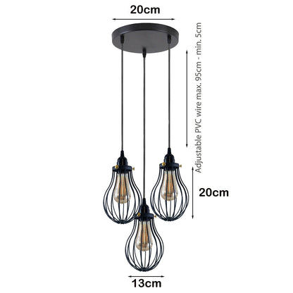 3-Light Pendant Cluster – Pear Cage, Barrel Cage or Dome, Black