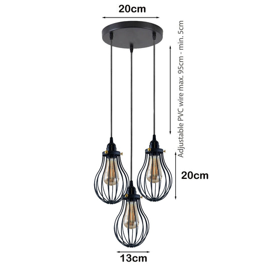 3-Light Pendant Cluster – Pear Cage, Barrel Cage or Dome, Black