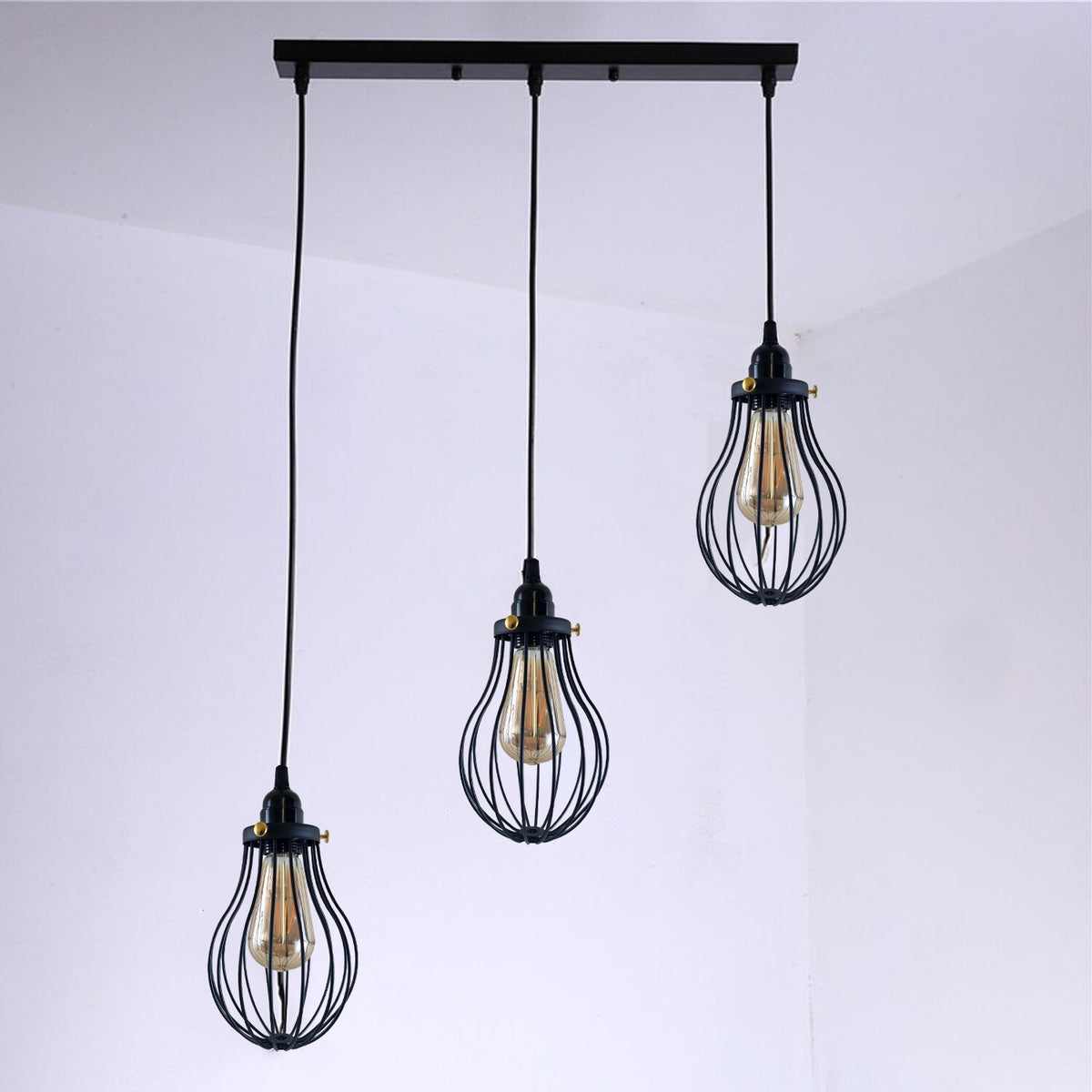 3-Light Pendant Cluster – Pear Cage, Barrel Cage or Dome, Black - photo 2