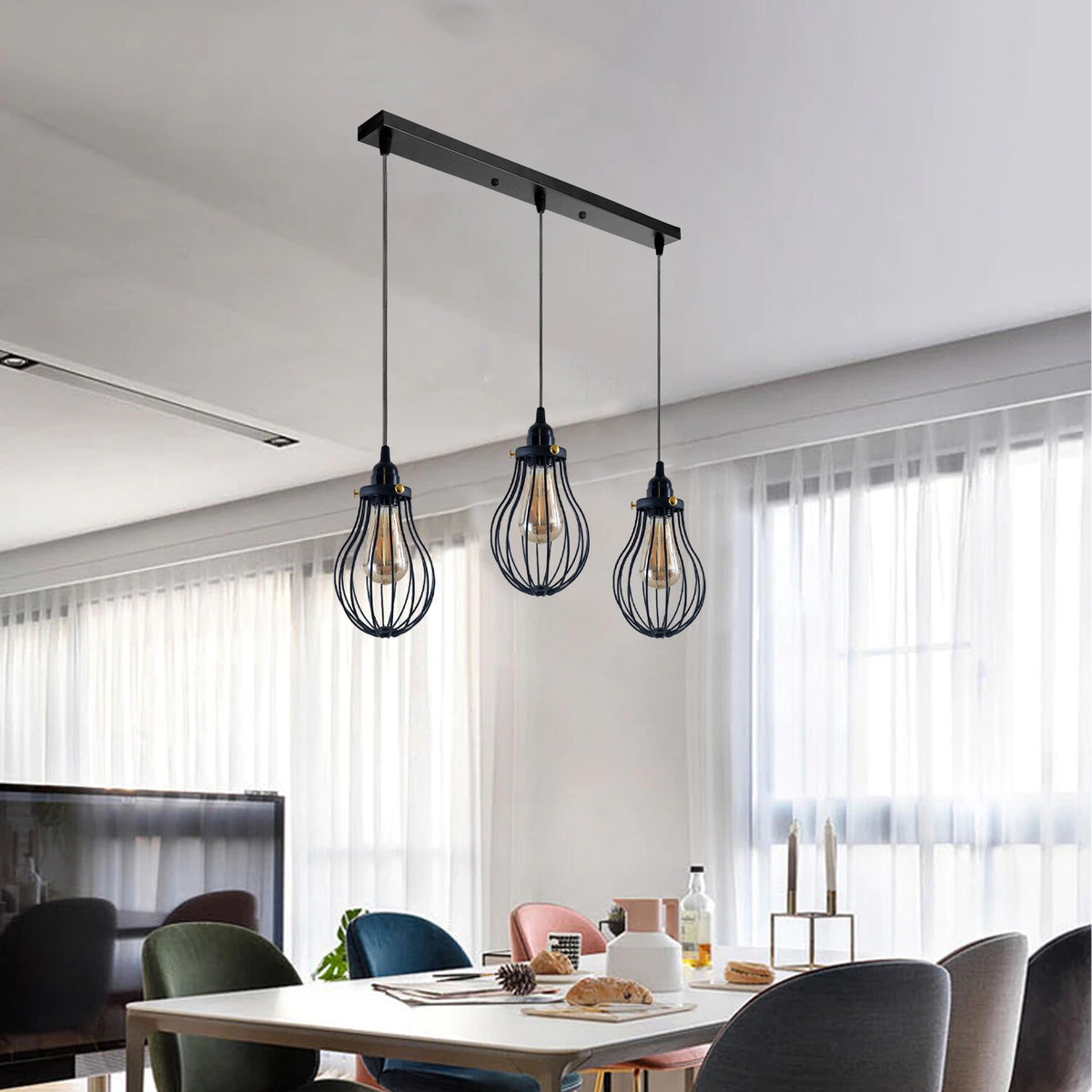 3-Light Pendant Cluster – Pear Cage, Barrel Cage or Dome, Black - photo 3