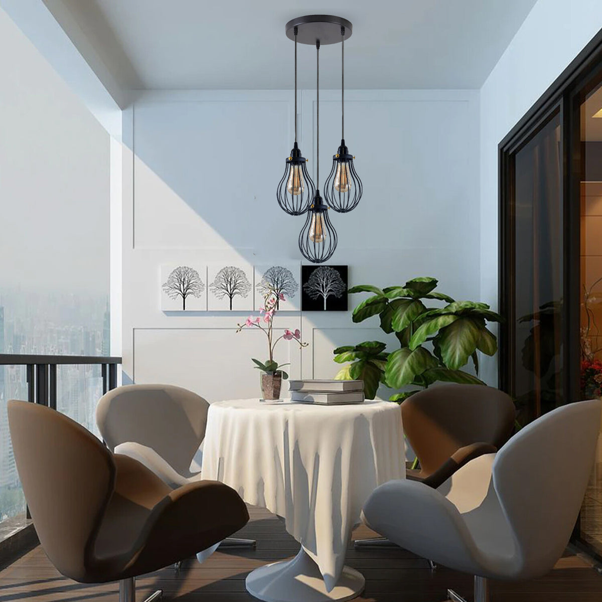 3-Light Pendant Cluster – Pear Cage, Barrel Cage or Dome, Black - photo 4