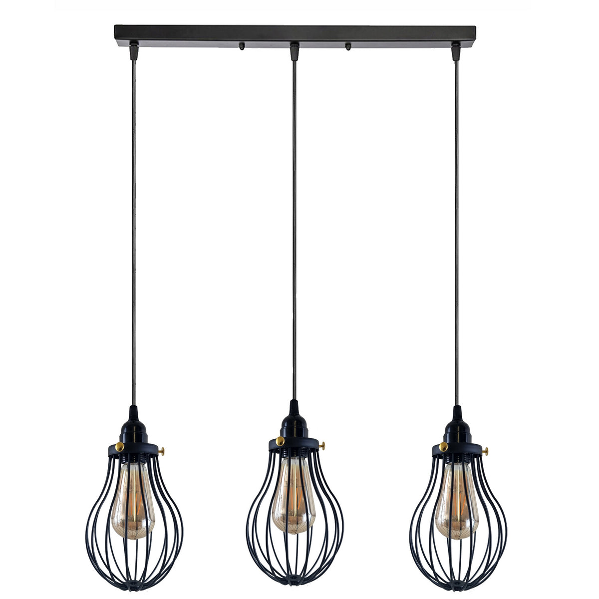 3-Light Pendant Cluster – Pear Cage, Barrel Cage or Dome, Black - Black, Pear Cage, Bar, Without Bulb