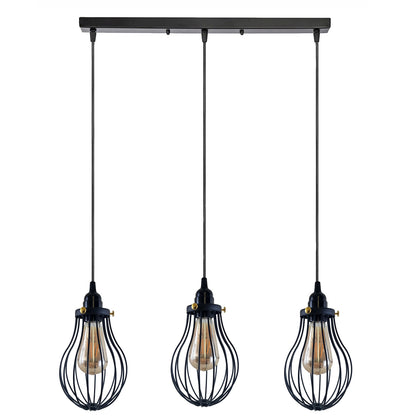 3-Light Pendant Cluster – Pear Cage, Barrel Cage or Dome, Black - Black, Pear Cage, Bar, Without Bulb