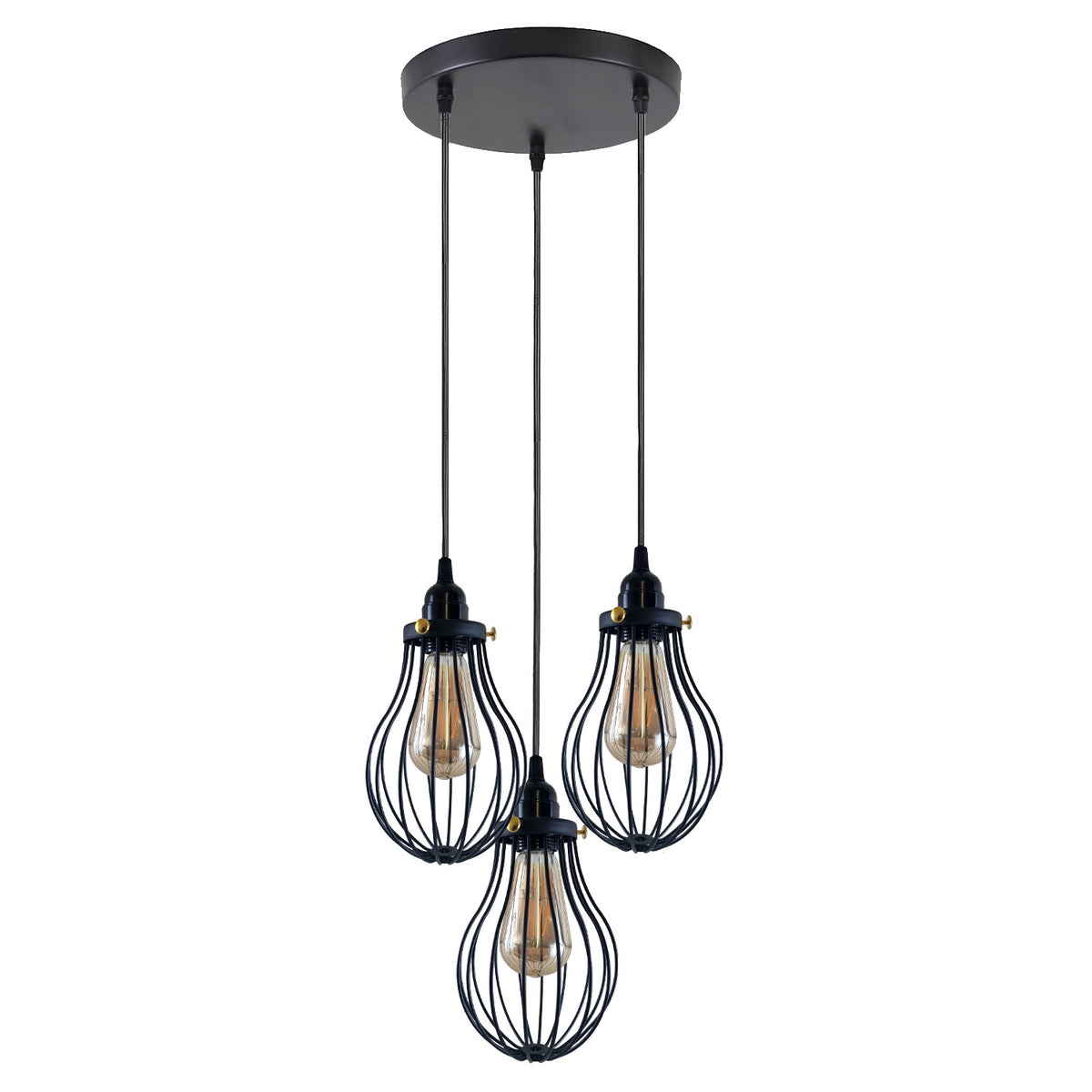 3-Light Pendant Cluster – Pear Cage, Barrel Cage or Dome, Black - Black, Pear Cage, Round Plate, Without Bulb