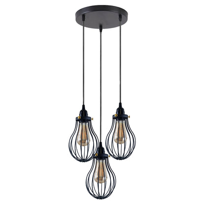 3-Light Pendant Cluster – Pear Cage, Barrel Cage or Dome, Black - Black, Pear Cage, Round Plate, Without Bulb