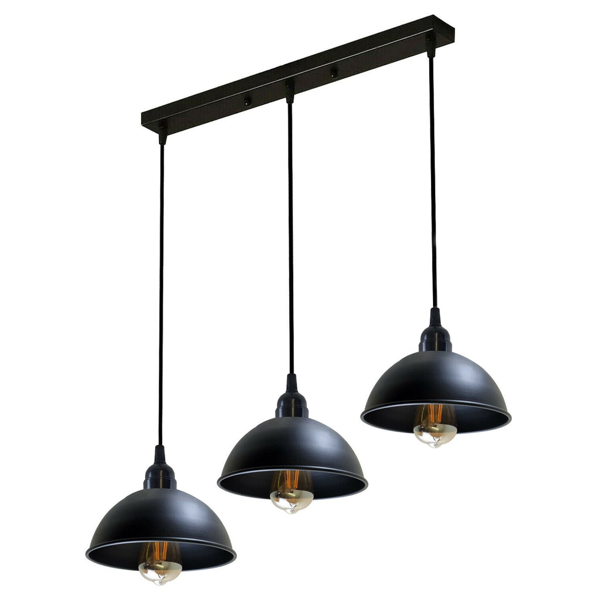 3-Light Pendant Cluster – Pear Cage, Barrel Cage or Dome, Black - Black, Dome 21 cm, Bar, ST64 LED Bulb 4W