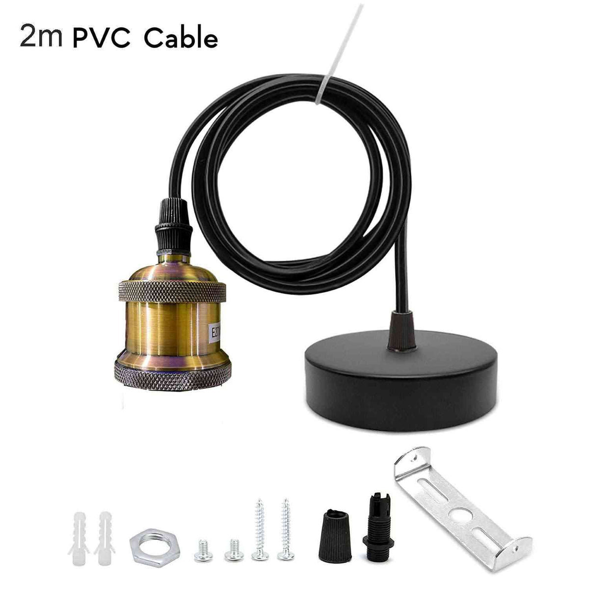 Brass E27 Pendant Lamp Holder Set – 2 m Black PVC Cable, Black Rose