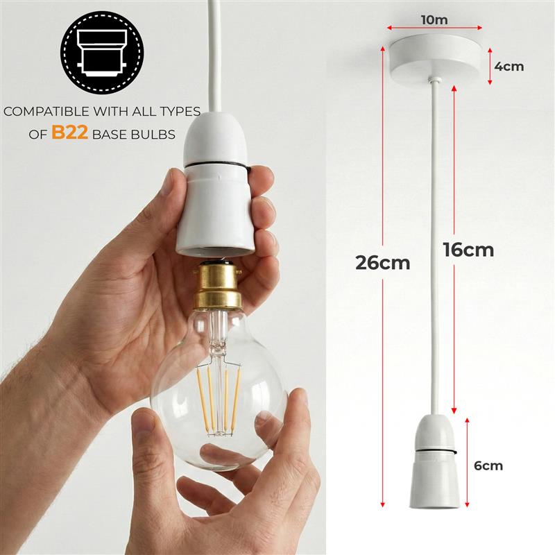 B22 Pendant Lamp Holder Set with Ceiling Rose – White - photo 2