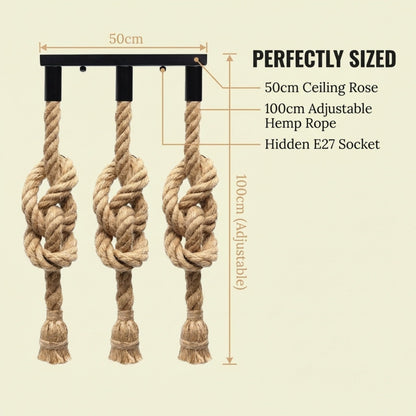 3-Head Hemp Rope Pendant – Knotted Ropes, 50 cm Bar, 100 cm Drop - photo 3