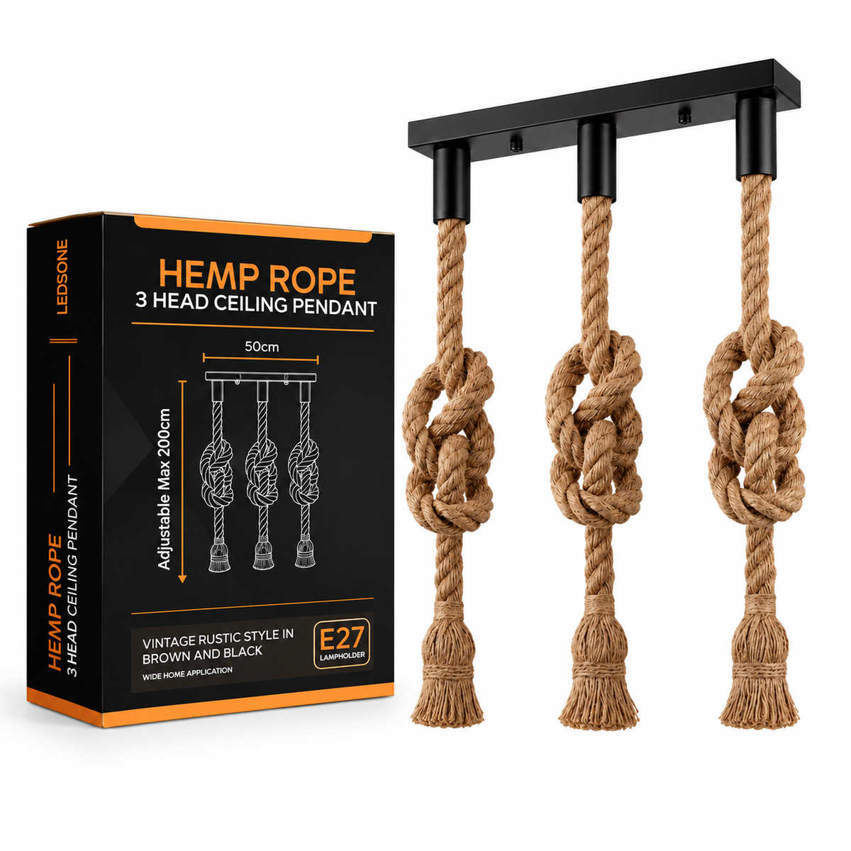 3-Head Hemp Rope Pendant – Knotted Ropes, 50 cm Bar, 100 cm Drop - Hemp, No Shade, Without Bulb