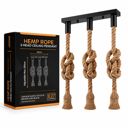 3-Head Hemp Rope Pendant – Knotted Ropes, 50 cm Bar, 100 cm Drop - Hemp, No Shade, Without Bulb