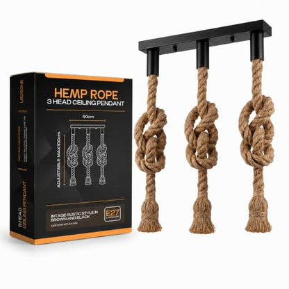 3-Head Hemp Rope Pendant – Knotted Ropes, 50 cm Bar, 100 cm Drop