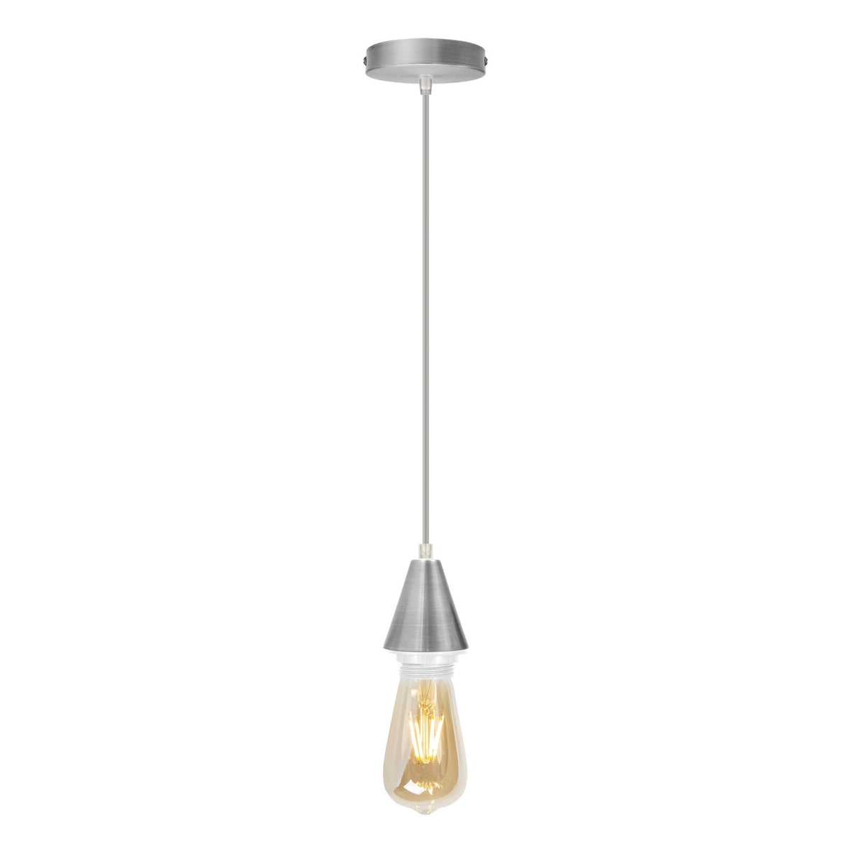 Satin Nickel Pendant Light Set – Cone Holder, E27, Single or Pair - Satin Nickel, No Shade, ST64 LED Bulb 4W