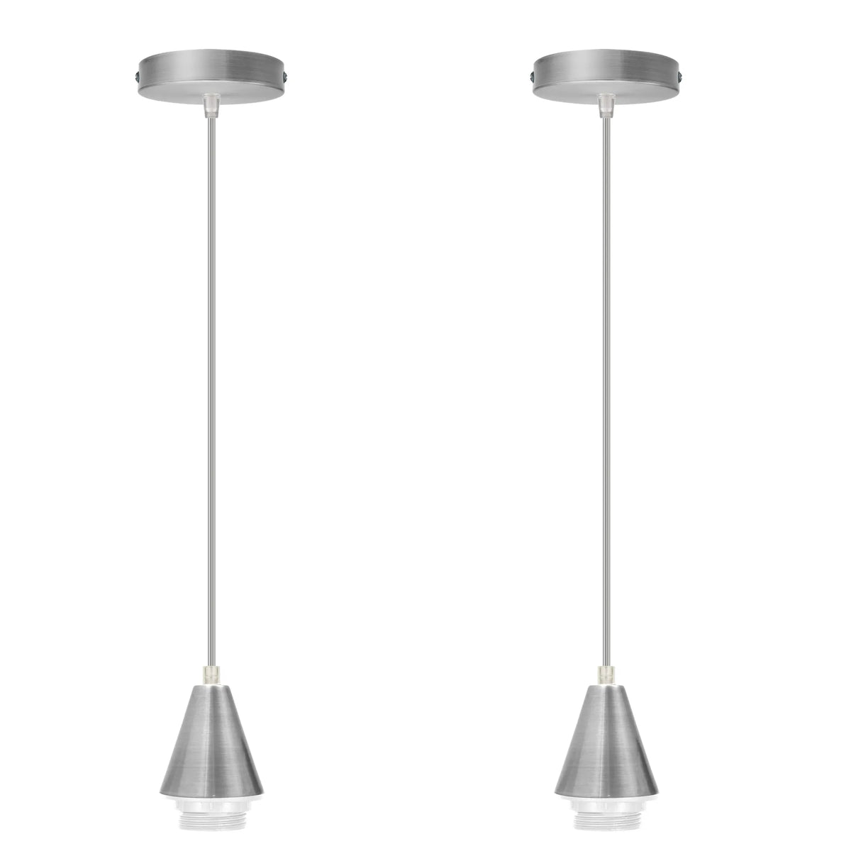 Satin Nickel Pendant Light Set – Cone Holder, E27, Single or Pair - Satin Nickel, No Shade Pack of 2, Without Bulb