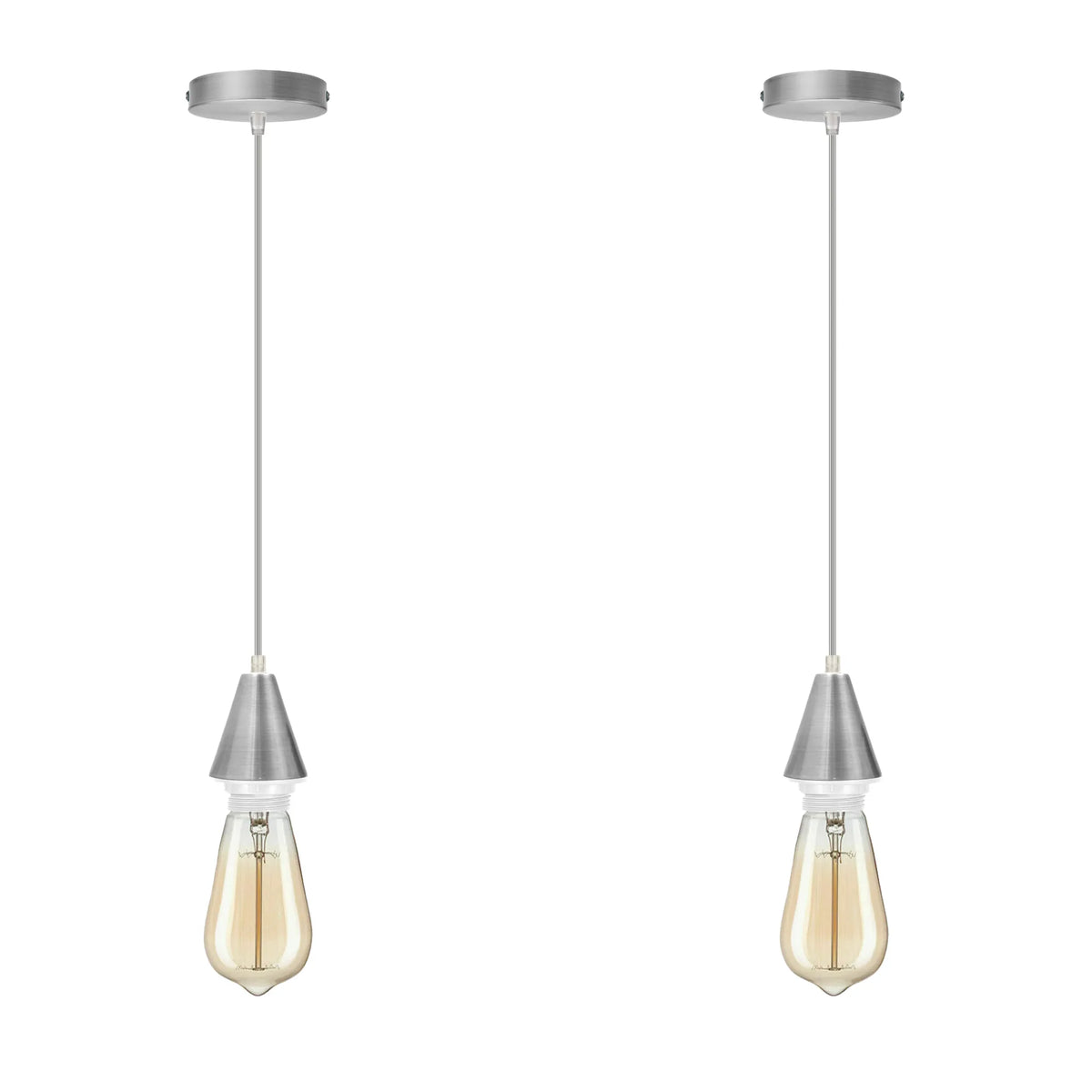 Satin Nickel Pendant Light Set – Cone Holder, E27, Single or Pair - Satin Nickel, No Shade, Pack of 2 with 2 ST64 Bulbs