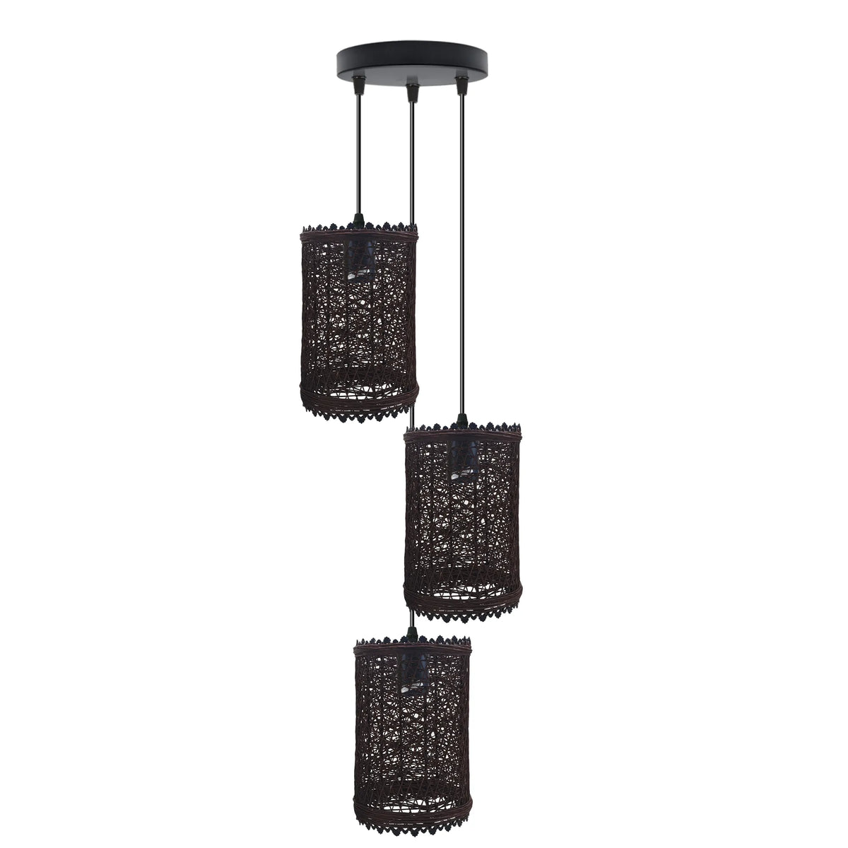 3-Light Cage Pendant – Bird, Triangle, Balloon, Woven or Crystal - Black, Woven Cylinder Brown 200 mm Rose, Without Bulb