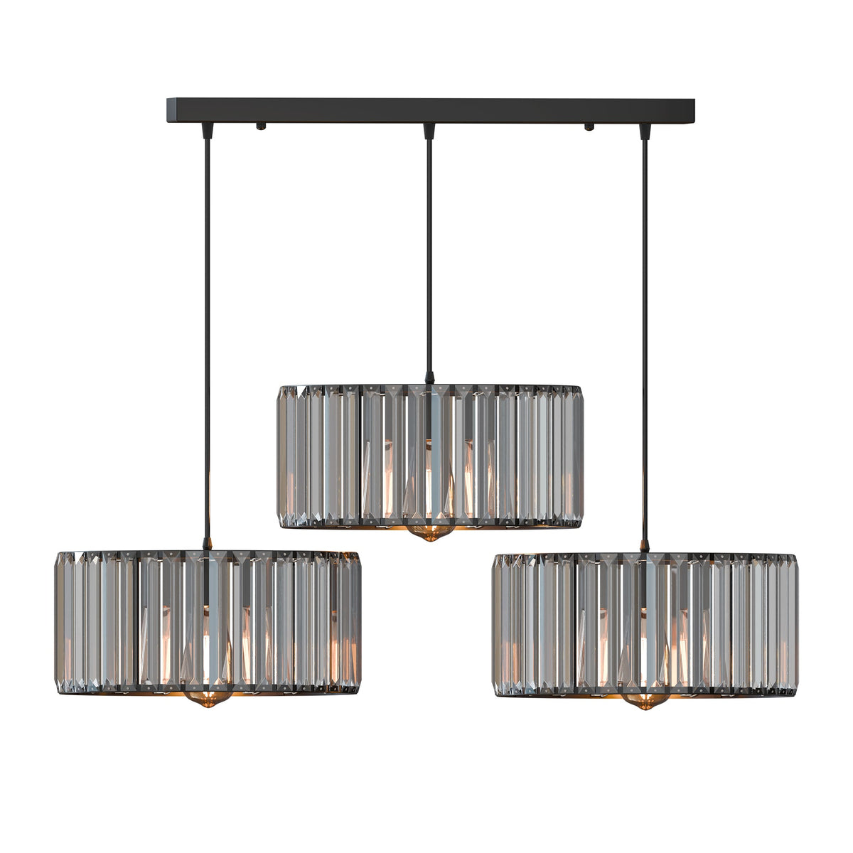 3-Light Cage Pendant – Bird, Triangle, Balloon, Woven or Crystal - Black, Crystal Drum 30 cm, Without Bulb