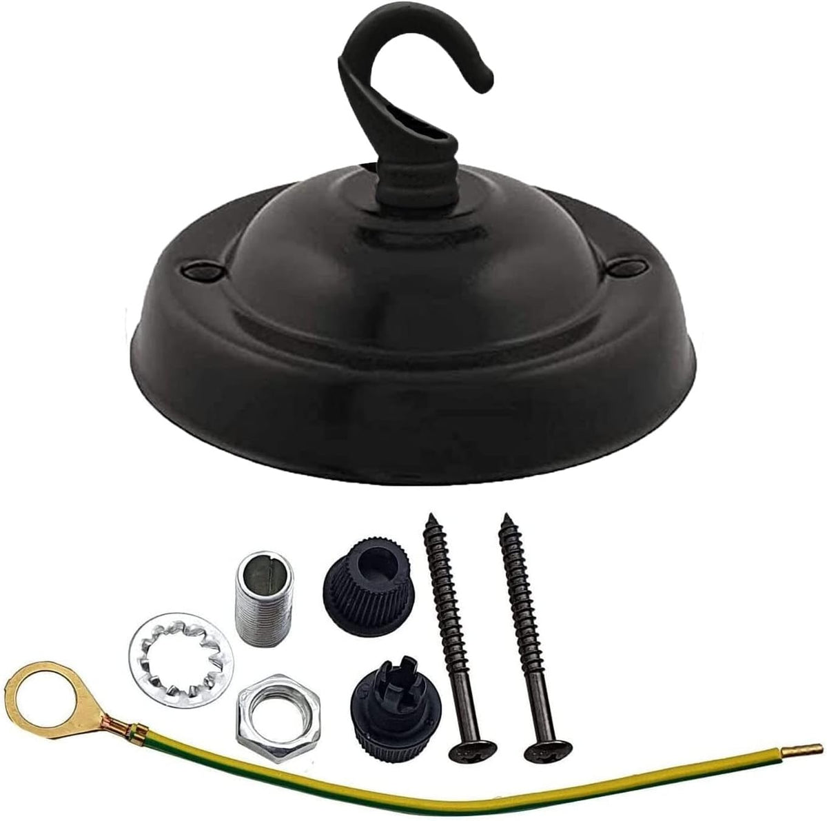 Flat Fit Ceiling Rose 100-200 mm – Hook, Bell & Square Styles - Matt Black, 105 mm with Hook, Single
