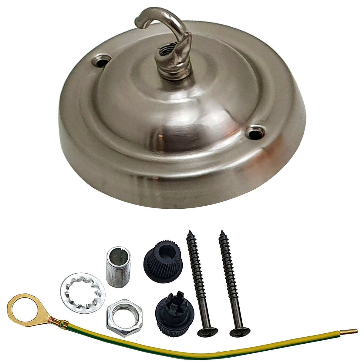 Flat Fit Ceiling Rose 100-200 mm – Hook, Bell & Square Styles - Satin Nickel, 105 mm with Hook, Single
